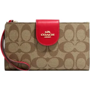 COACH PHONE WALLET SIGNATURE KHAKI SADDLE RED